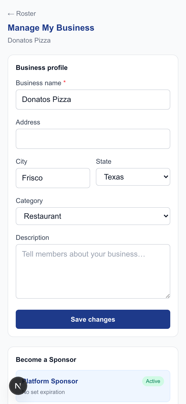 Manage My Business — profile form