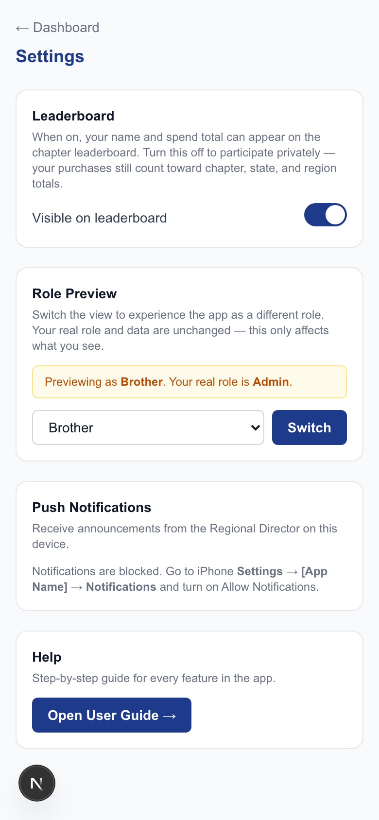 Settings page