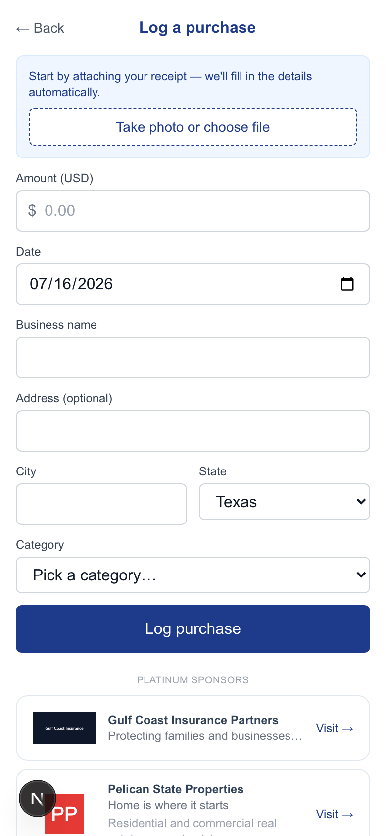 Log a purchase form